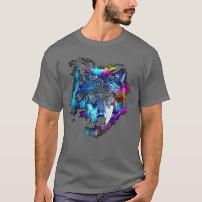 Wolf Art Colourful Animal Motif Artwork Wolf funny T Shirt (Framsida)