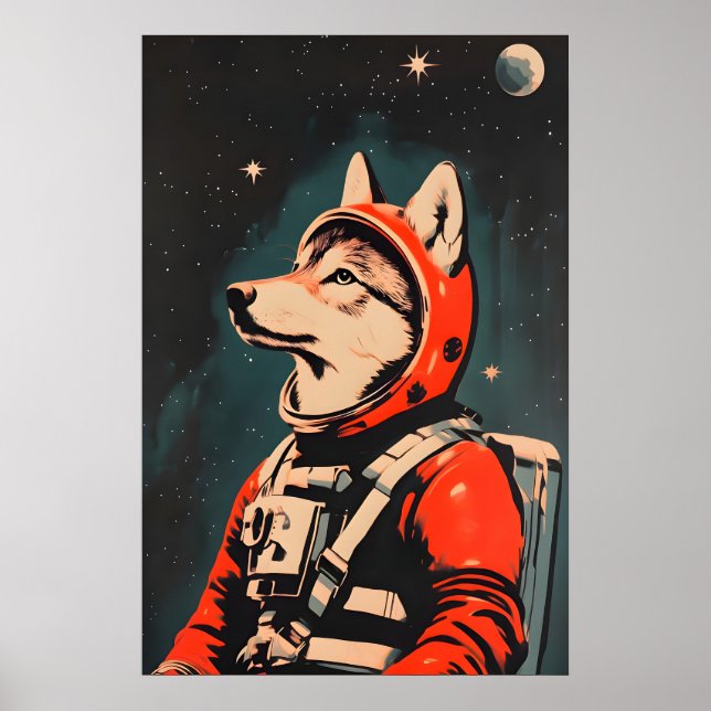 Wolf Astronaut Poster, Wolf Retro Print, Wolf Poster (Framsidan)