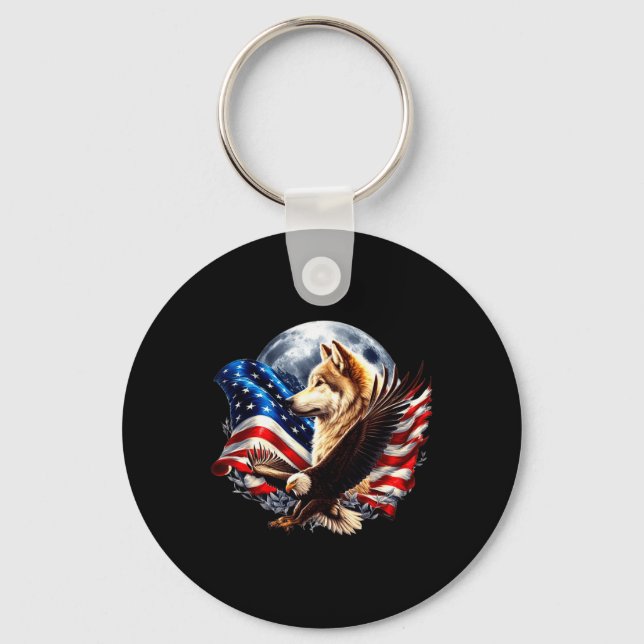 Wolf Bald Eagle American Flag Full Moon New Years  Nyckelring (Framsida)