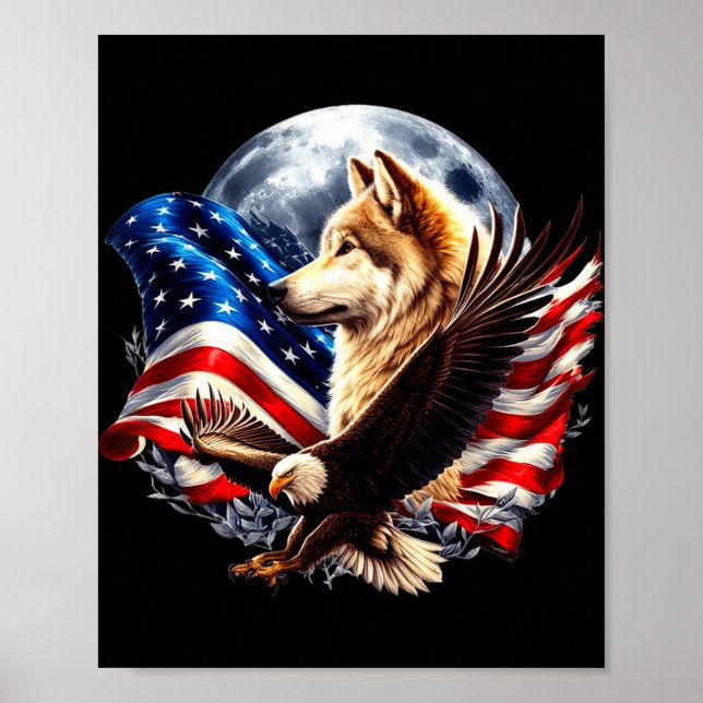 Wolf Bald Eagle American Flag Full Moon New Years  Poster (Framsidan)