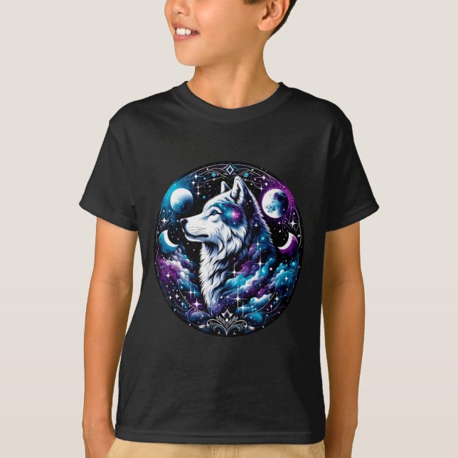 Wolf Celestial Dröm Natt Ylande Måne Rolig Varg T Shirt (Framsida)