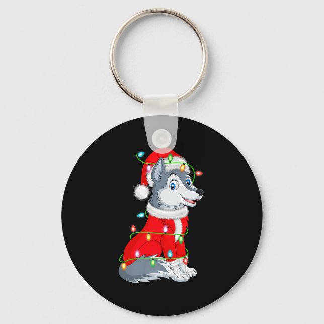 Wolf Christmas Lights Santa Costume Cute Animal Xm Nyckelring (Framsida)