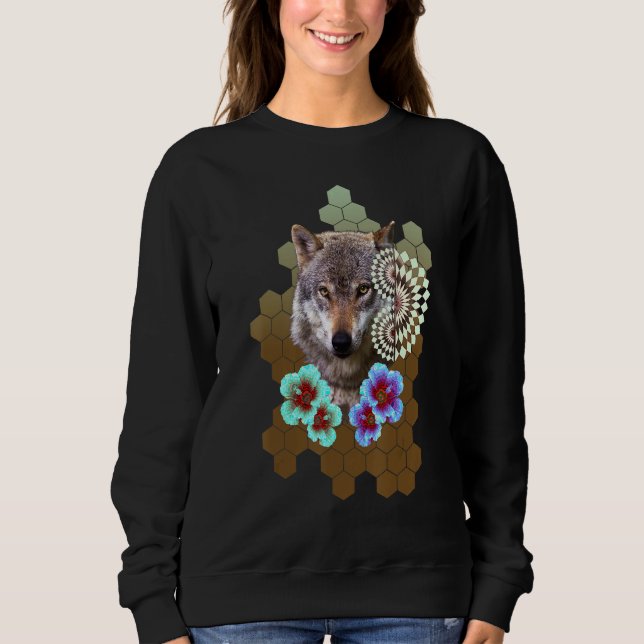 Wolf Floral Flower Alien Honeycomb Olive to Brown  T Shirt (Framsida)