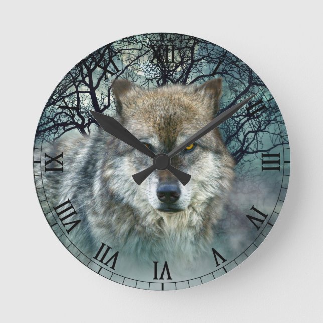Wolf Full Moon in Fog Rund Klocka (Framsida)