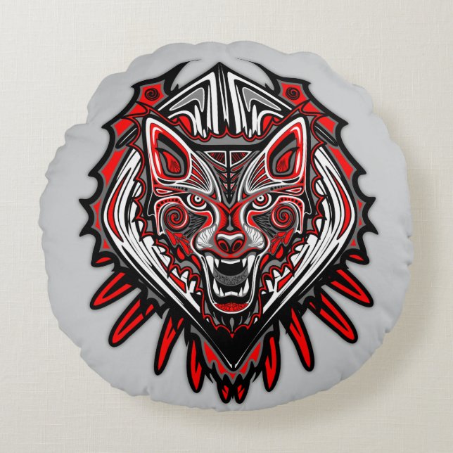 Wolf Haida Tribal Totem Design Rund Kudde (Framsidan)