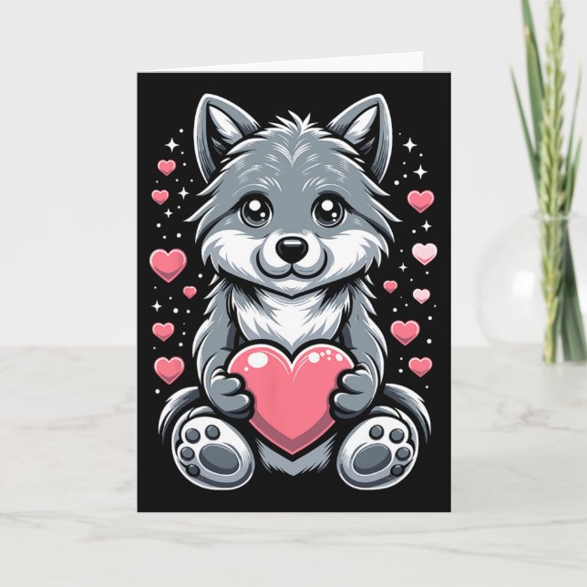 Wolf Håller Hjärtan Alla Hjärtans Dag Söta Vargar  Kort (Framsida)