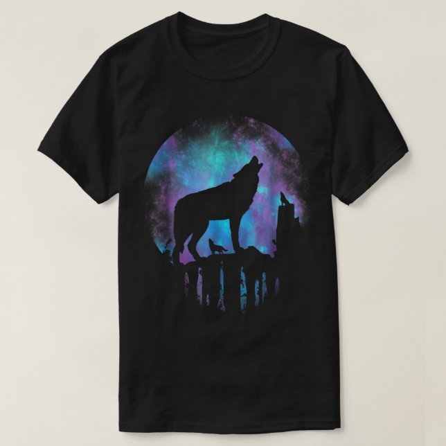 Wolf Howling at Galaxy Moon Art T Shirt (Design framsida)