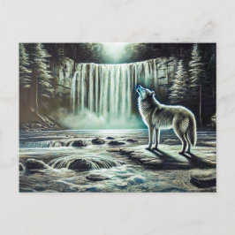 Wolf Howling at Moon by Waterfall Vykort