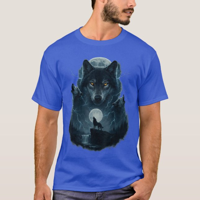 Wolf Howling at Moon Graphic Tees Men Wolves T Shirt (Framsida)