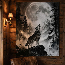 Wolf Howling at Moon Tapestry | Dark Forest