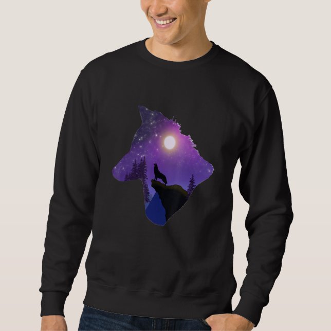 Wolf Howling At The Moon Design Lång Ärmad Tröja (Framsida)