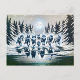Wolf Pack Running Through a Winter Lake Vykort