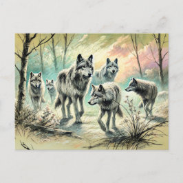 Wolf Pack Running Through Forest Vykort