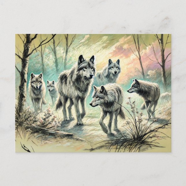Wolf Pack Running Through Forest Vykort (Framsida)