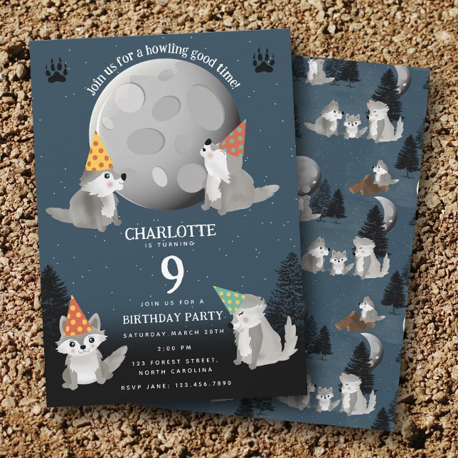 Wolf Pack Woodland Moon Howling Birthday Party Inbjudningar (Wolf Pack Woodland Moon Howling Birthday Party Invitation)