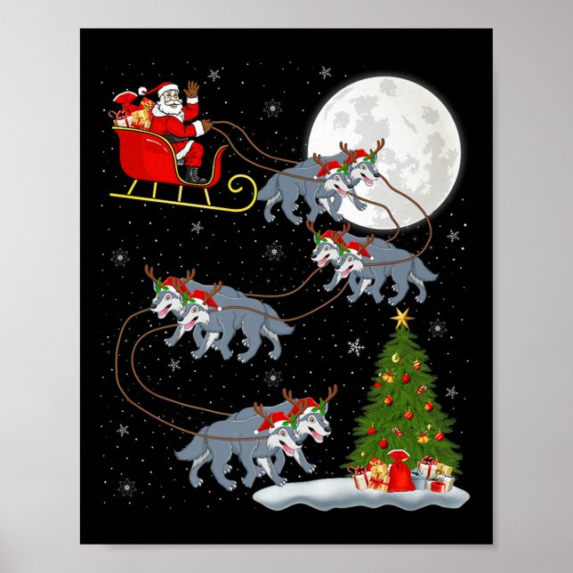Wolf Santa Sleigh Flying Funny Magical Christmas P Poster (Framsidan)
