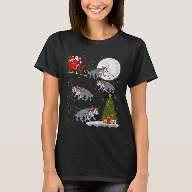 Wolf Santa Sleigh Flying Funny Magical Christmas P T Shirt (Framsida)