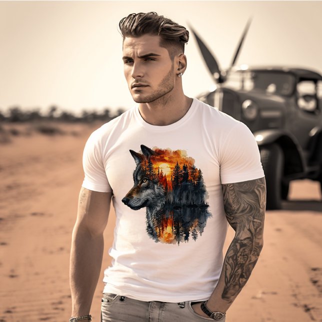 Wolf & Sunset Forest Dubbel Exponering T Shirt (Skapare uppladdad)