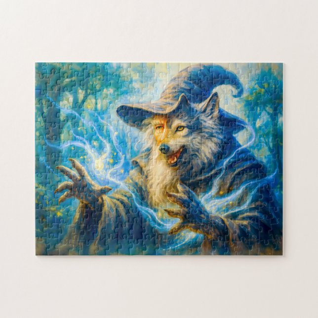 Wolf-transforming mage in fantasy oil style pussel (Horisontell)