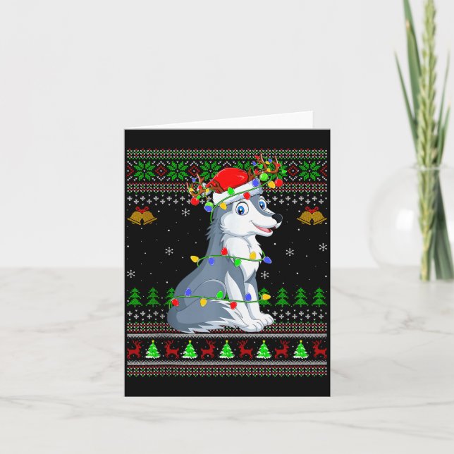 Wolf Ugly Christmas Sweaters Holiday Santa Cute Xm Kort (Framsida)