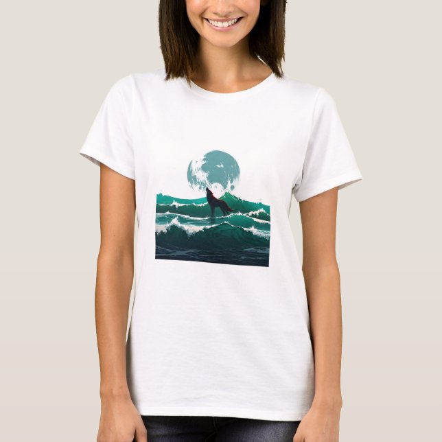 Wolf Wave Art - Ukiyo-e Moonlight Design T Shirt (Framsida)