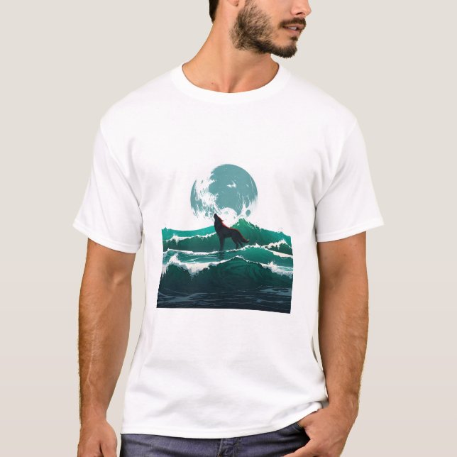 Wolf Wave Art - Ukiyo-e Moonlight Design T Shirt (Framsida)