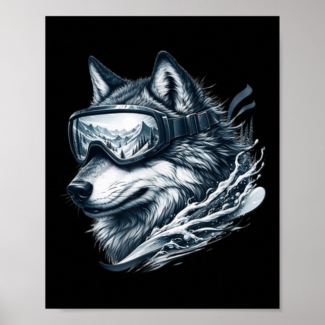 Wolf Wearing Ski Snowboard Goggles Wolf Skiing  Poster (Framsidan)