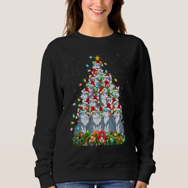 Wolf   Xmas Lights Santa Wolf Christmas Tree T Shirt (Framsida)