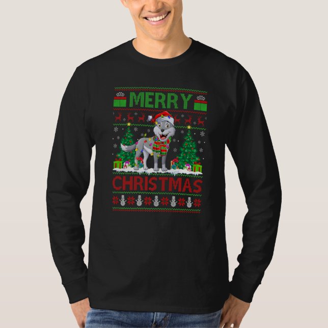 Wolf  Xmas Tree Lights Ugly Santa Wolf Christmas T Shirt (Framsida)