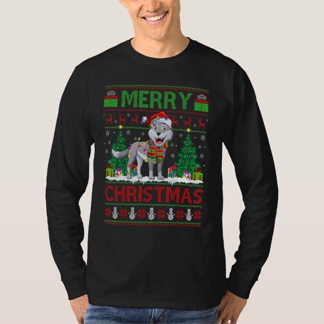 Wolf   Xmas Tree Lights Ugly Santa Wolf Christmas T Shirt (Framsida)
