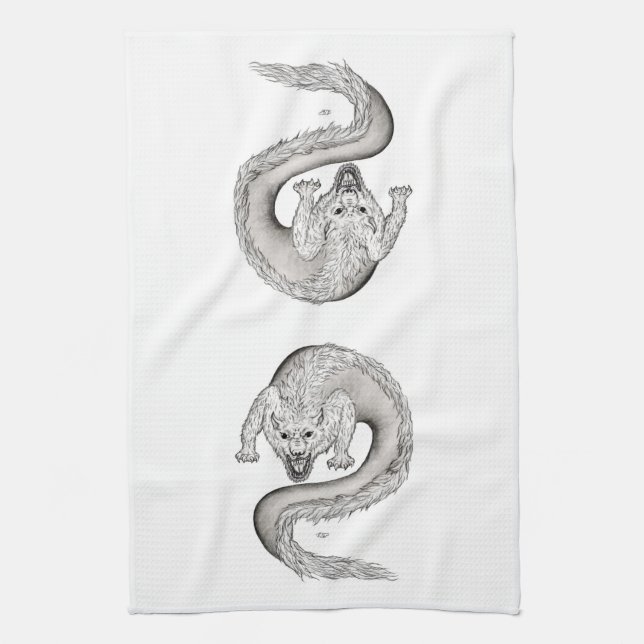 Wolfdragon svartvit design kökshandduk (Vertikal)