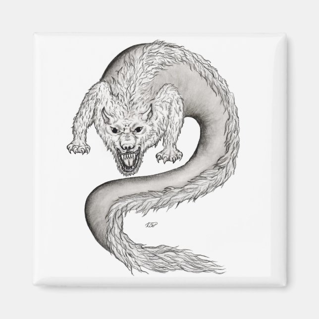 Wolfdragon svartvit design magnet (Framsidan)