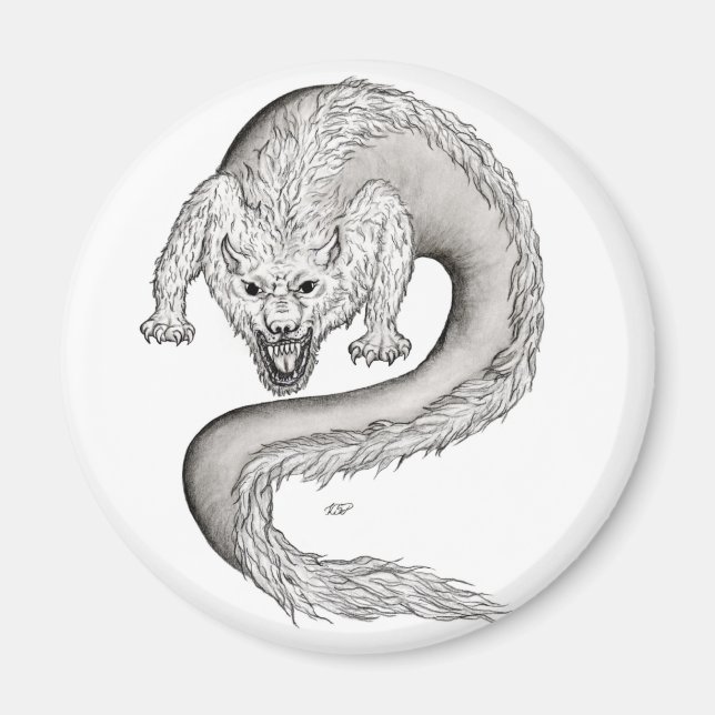 Wolfdragon svartvit design magnet (Framsidan)