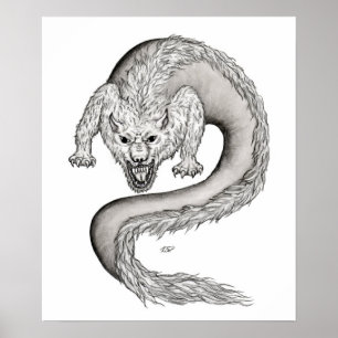 Wolfdragon svartvit design poster