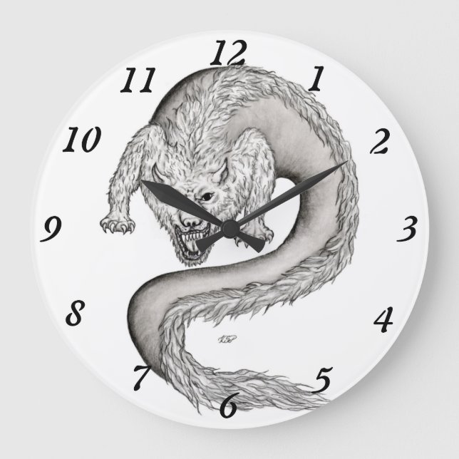 Wolfdragon svartvit design stor klocka (Framsida)