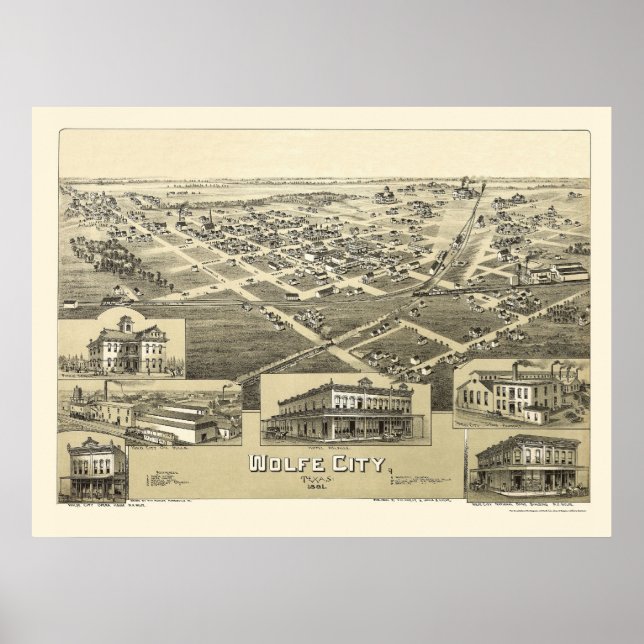 Wolfe City, TX Panoramic Karta - 1891 Poster (Framsidan)