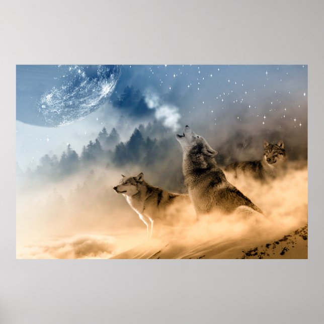Wolfs howling vid måne fantasi poster (Framsidan)