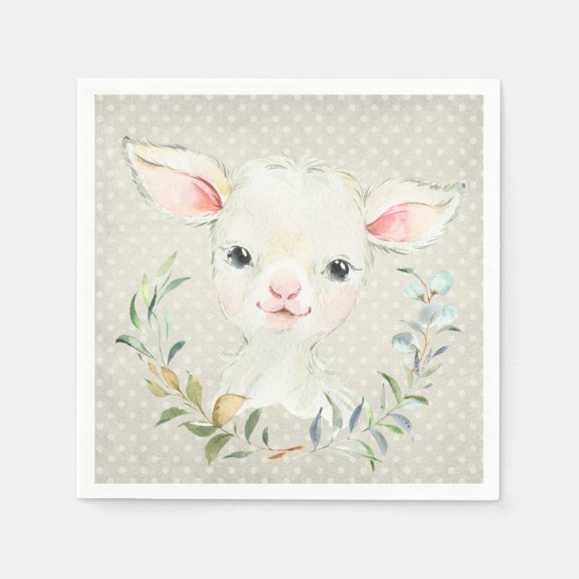 Wollie Lambert Lamb Neutralt Napkin - Baby Shower Pappersservett (Framsidan)