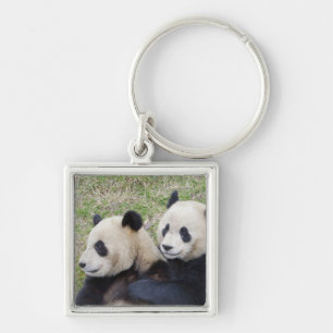 Wolongreservatet, Kina, Jättepanda som kramar Fyrkantig Silverfärgad Nyckelring