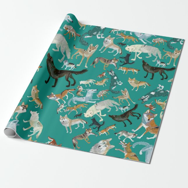 Wolves of the World Green Pattern Presentpapper (Utrullad)