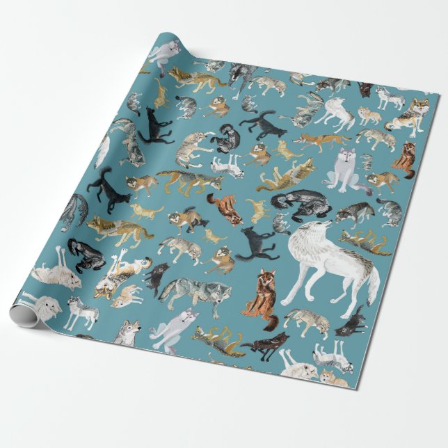 Wolves of the World Turquoise pattern Presentpapper (Utrullad)