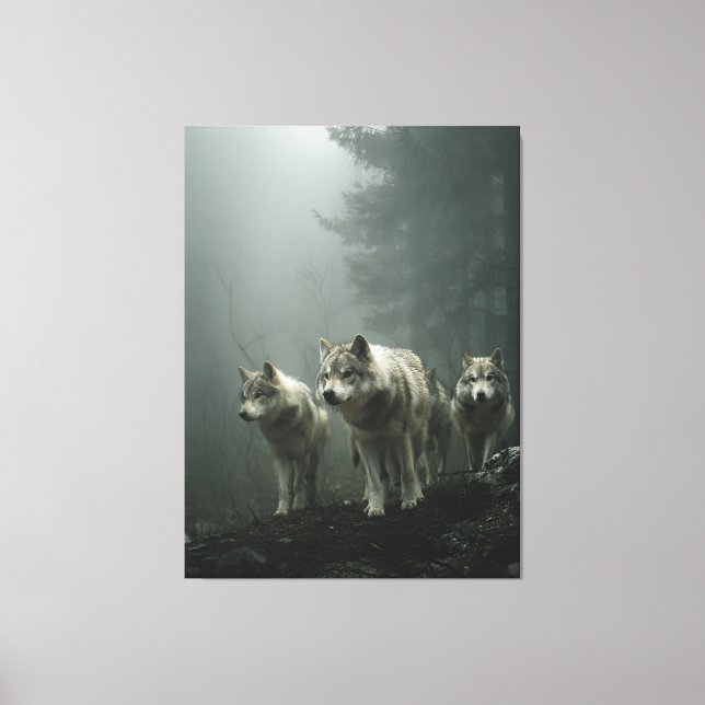 Wolves on Foggy Forest Trail Canvastryck (Framsida)