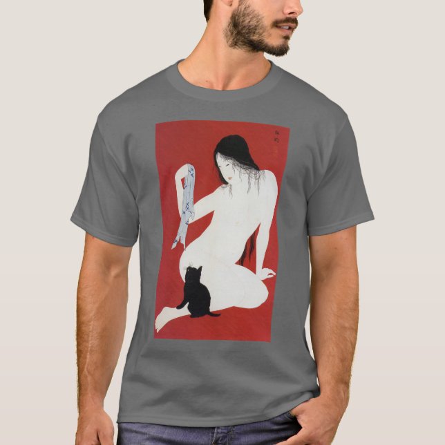 Woman and Black Kitten, Takahashi Shotei T Shirt (Framsida)