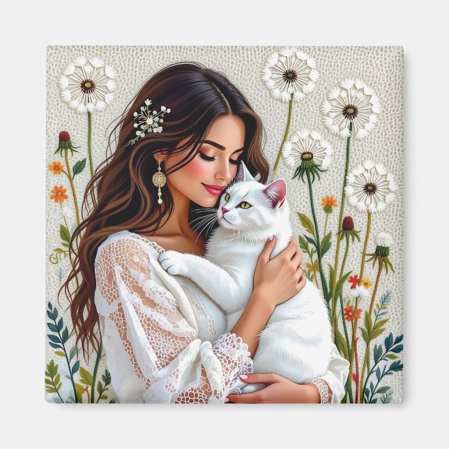 Woman and White Cat and Dandelions  Magnet (Framsidan)