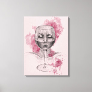 Woman ansikte i vin glas, surreal teckning canvastryck