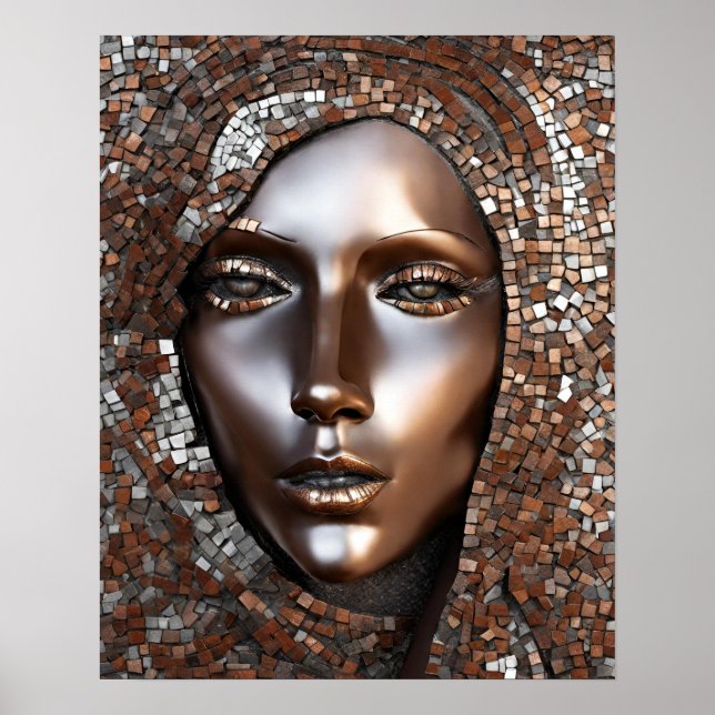Woman Ansikte Mosaic Copper Silver Poster (Framsidan)