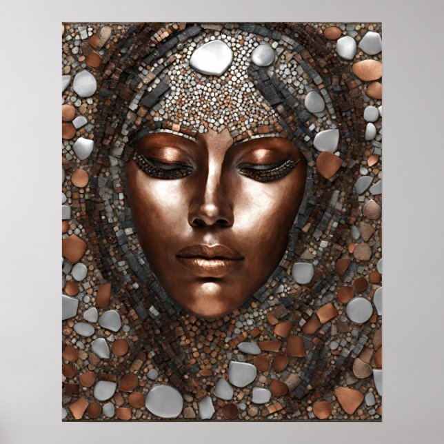 Woman Ansikte Mosaic Copper Silver Wall Art Poster (Framsidan)