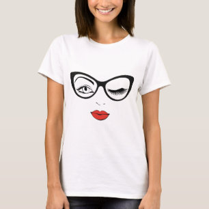 Woman Ansikte Winking Girl i Glass Eyelash T Shirt
