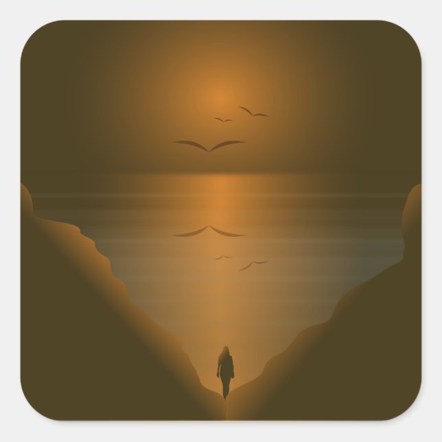 WOMAN AT SEA SUNSET FYRKANTIGT KLISTERMÄRKE (Framsida)