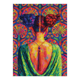 Woman Back View Colorful Buns Floral Pattern  Fototryck